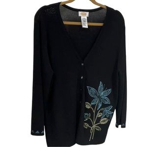 TALBOTS sz X Large Cardi Sweater Unique Embroidery Flower Hong Kong Black Blue